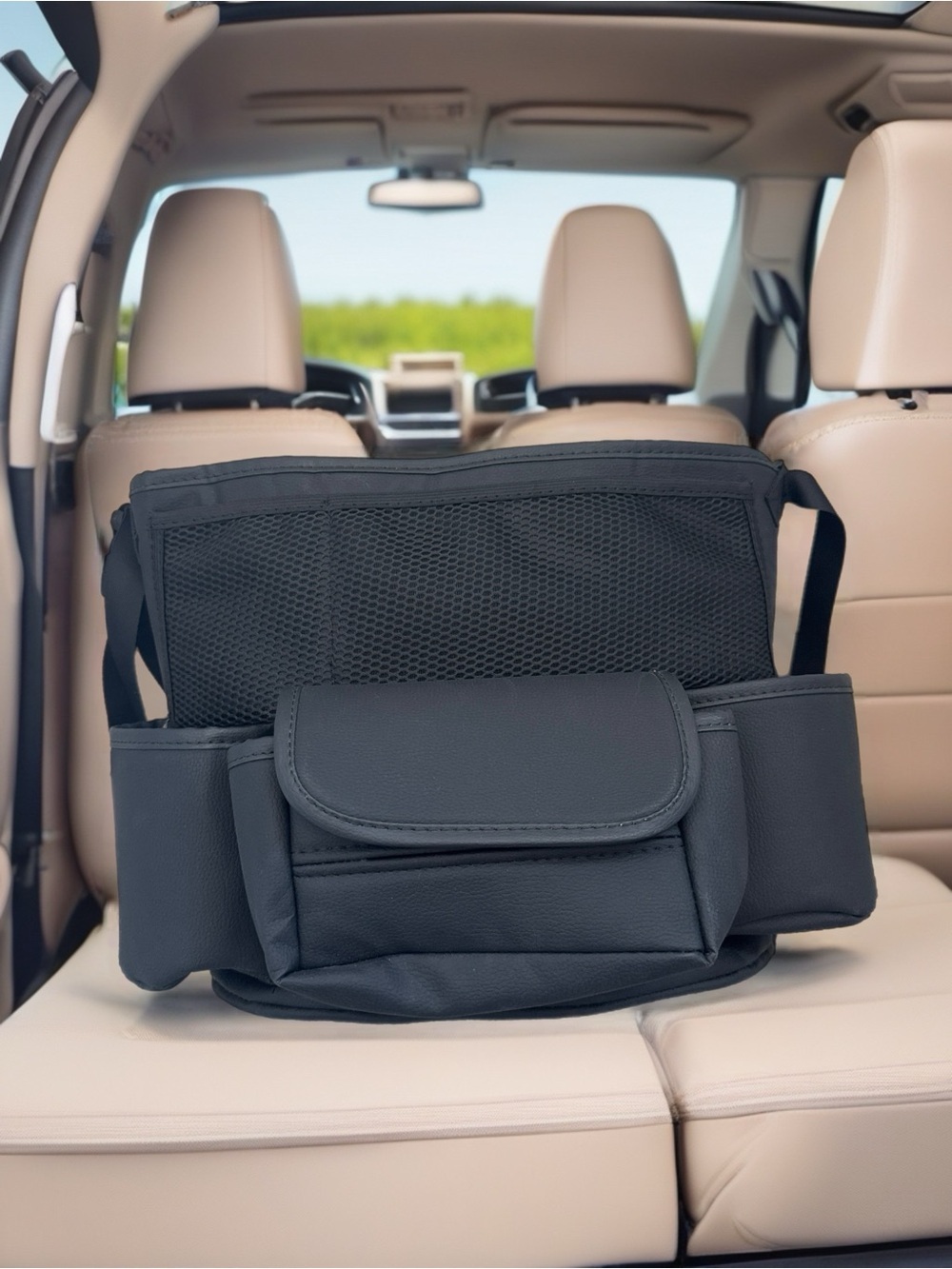 Black Leather Car Backseat Organizer Bag - Universal Travel Storage